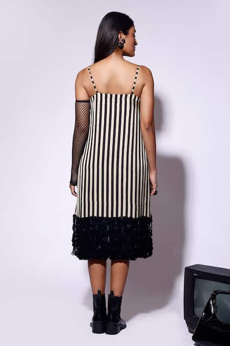Shop_Kritika Murarka_Black Satin Sequins, Fringe Square Neck Striped Print Dress _at_Aza_Fashions