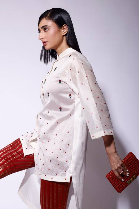 Buy_Kritika Murarka_White Chanderi Silk Embroidery Mandarin Collar Rose Motif High Low Shirt _Online_at_Aza_Fashions