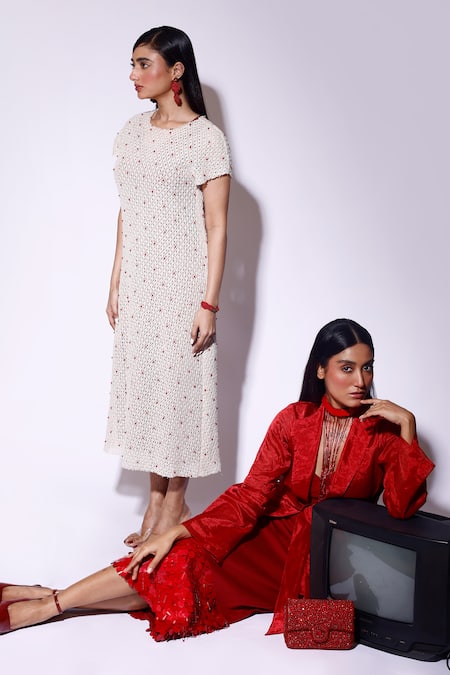 Buy_Kritika Murarka_White Cotton Pearls Round Neck Embellished Net Midi Dress _Online_at_Aza_Fashions