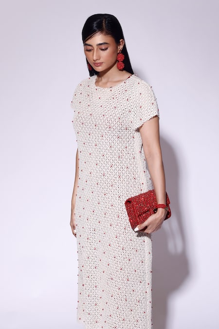 Shop_Kritika Murarka_White Cotton Pearls Round Neck Embellished Net Midi Dress _Online_at_Aza_Fashions