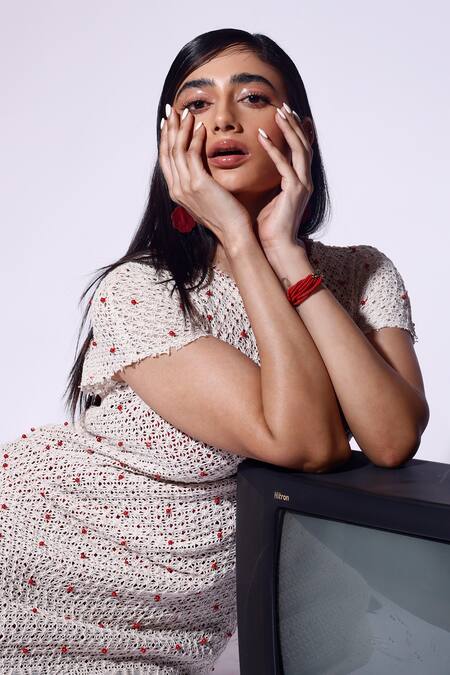 Kritika Murarka_White Cotton Pearls Round Neck Embellished Net Midi Dress _at_Aza_Fashions