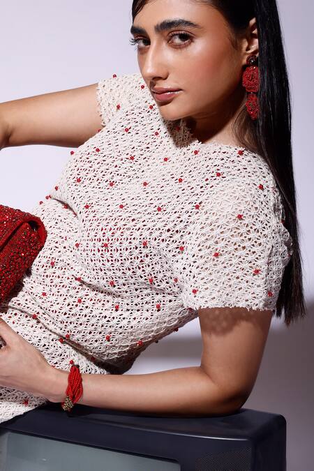 Buy_Kritika Murarka_White Cotton Pearls Round Neck Embellished Net Midi Dress 