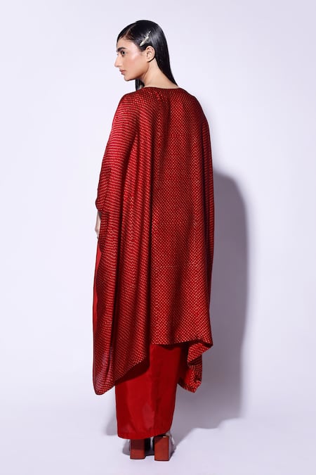 Shop_Kritika Murarka_Red Satin Embroidery Boat Neck Circle Bloom Kaftan _at_Aza_Fashions