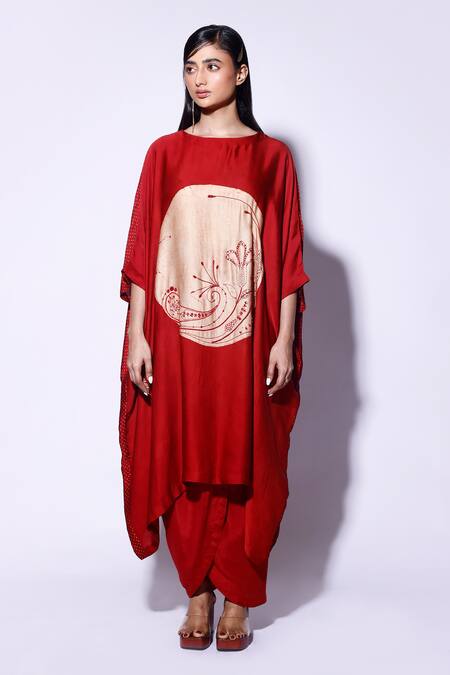 Buy_Kritika Murarka_Red Satin Embroidery Boat Neck Circle Bloom Kaftan _Online_at_Aza_Fashions