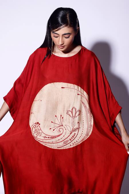 Shop_Kritika Murarka_Red Satin Embroidery Boat Neck Circle Bloom Kaftan _Online_at_Aza_Fashions