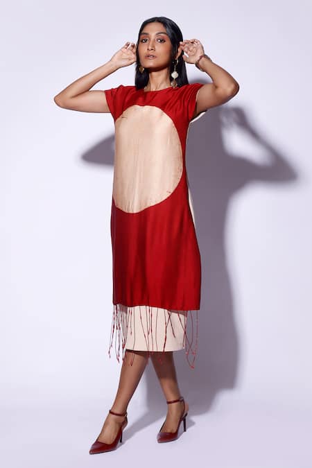 Buy_Kritika Murarka_Red Satin Fringe Round Neck Circle Print Midi Dress _Online_at_Aza_Fashions
