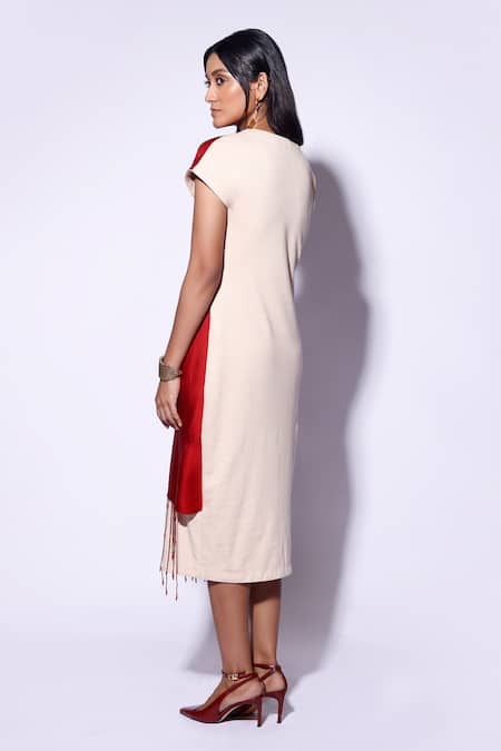 Shop_Kritika Murarka_Red Satin Fringe Round Neck Circle Print Midi Dress _at_Aza_Fashions