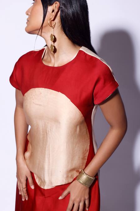 Shop_Kritika Murarka_Red Satin Fringe Round Neck Circle Print Midi Dress _Online_at_Aza_Fashions