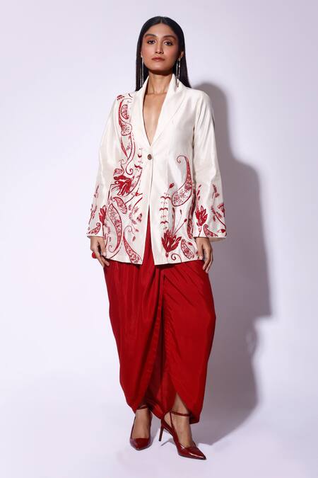 Kritika Murarka_Red Viscose, Silk Solid Draped Skirt _Online_at_Aza_Fashions