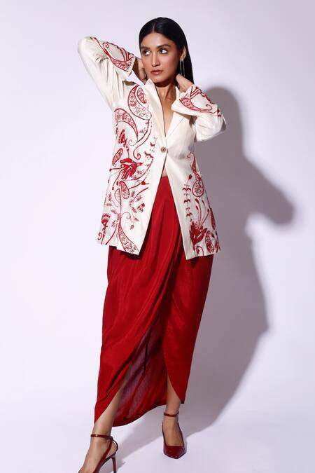 Buy_Kritika Murarka_Red Viscose, Silk Solid Draped Skirt _Online_at_Aza_Fashions