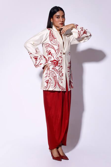 Shop_Kritika Murarka_Red Viscose, Silk Solid Draped Skirt _Online_at_Aza_Fashions