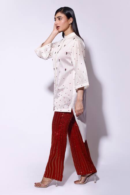 Kritika Murarka_Red Tissue, Organza Gold Striped Pant _Online_at_Aza_Fashions