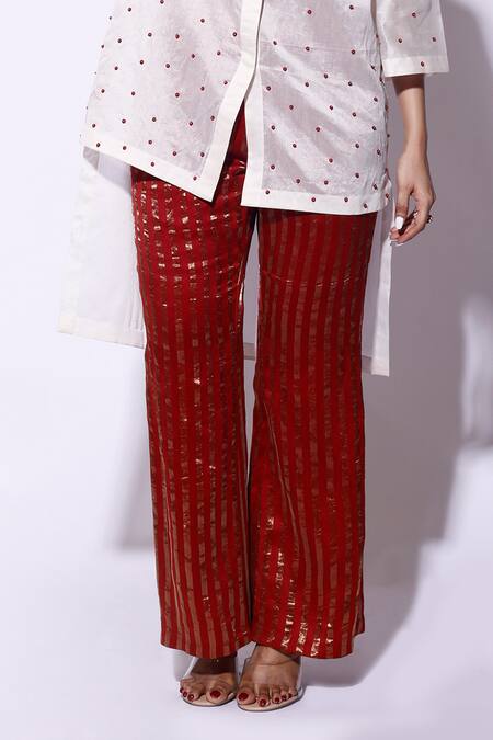 Buy_Kritika Murarka_Red Tissue, Organza Gold Striped Pant _Online_at_Aza_Fashions