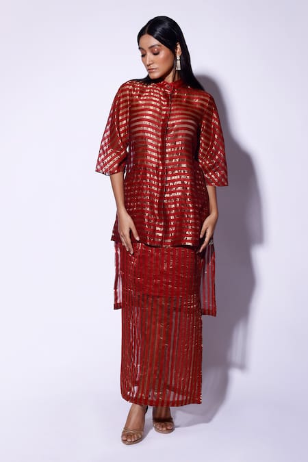 Buy_Kritika Murarka_Red Tissue, Organza Sequins Striped High Low Shirt _Online_at_Aza_Fashions