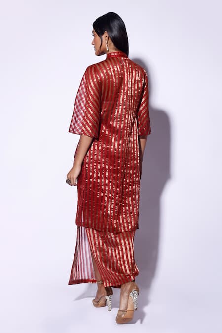 Shop_Kritika Murarka_Red Tissue, Organza Sequins Striped High Low Shirt _at_Aza_Fashions