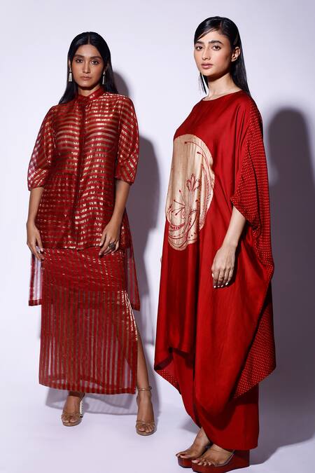 Kritika Murarka_Red Tissue, Organza Sequins Striped High Low Shirt _at_Aza_Fashions