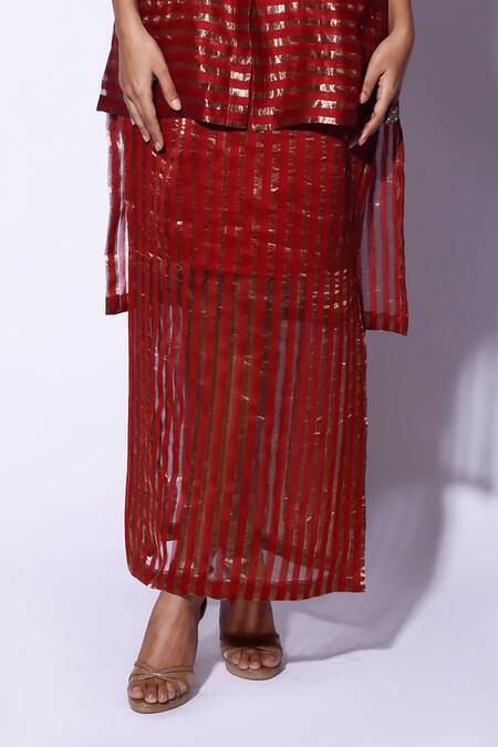 Buy Kritika Murarka Red Tissue, Organza Embroidery Gold Striped Side Slit Skirt Online at Aza Fashions Buy_Kritika Murarka_Red Tissue, Organza Embroidery Gold Striped Side Slit Skirt _Online_at_Aza_Fashions