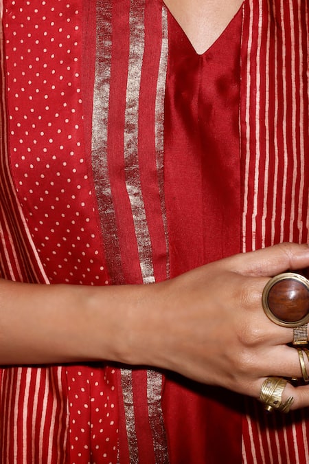 Shop_Kritika Murarka_Red Tissue, Satin, Chanderi Silk, Organza V-neck Striped Polka Panelled Kurta _Online_at_Aza_Fashions