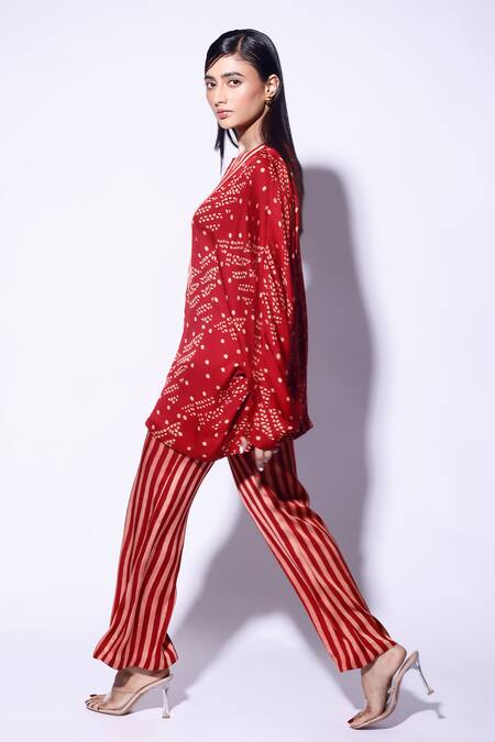 Kritika Murarka_Red Satin Embroidery Round Neck Bishop Sleeve Motif Print Top _Online_at_Aza_Fashions