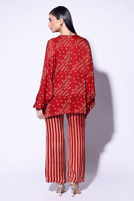 Shop_Kritika Murarka_Red Satin Embroidery Round Neck Bishop Sleeve Motif Print Top _at_Aza_Fashions