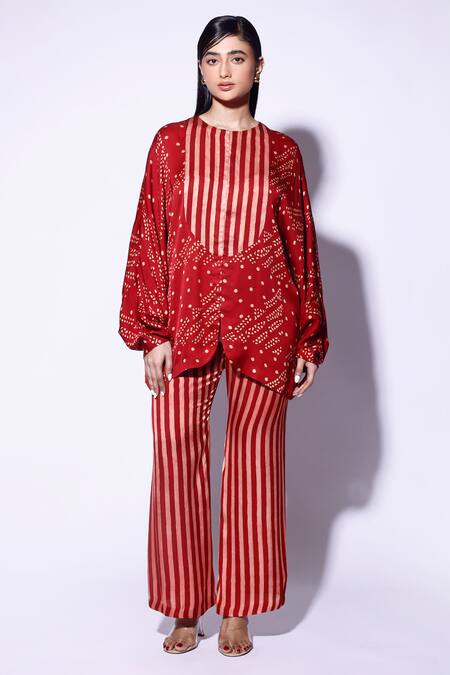 Buy_Kritika Murarka_Red Satin Embroidery Round Neck Bishop Sleeve Motif Print Top _Online_at_Aza_Fashions