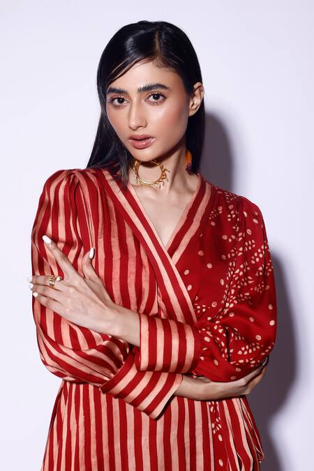 Kritika Murarka_Red Satin V-neck Striped And Motif Wrap Maxi Dress _Online_at_Aza_Fashions