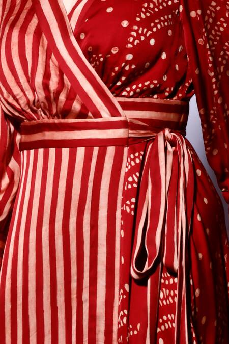 Buy_Kritika Murarka_Red Satin V-neck Striped And Motif Wrap Maxi Dress _Online_at_Aza_Fashions