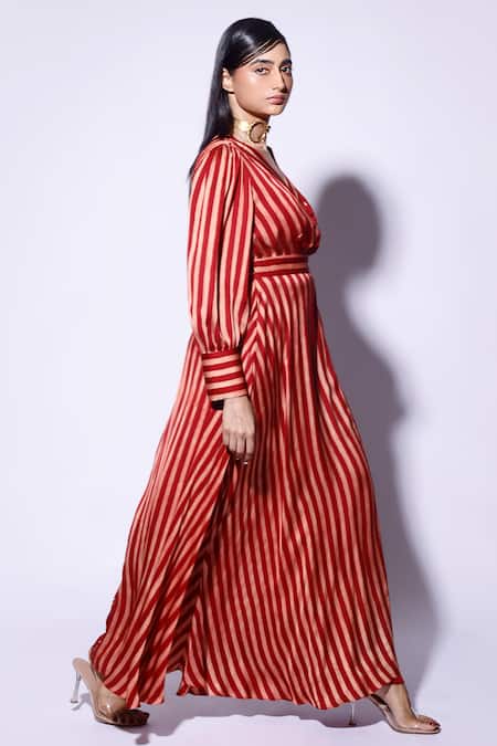 Shop_Kritika Murarka_Red Satin V-neck Striped And Motif Wrap Maxi Dress _Online_at_Aza_Fashions