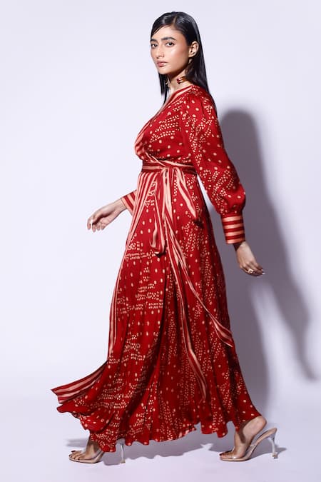 Kritika Murarka_Red Satin V-neck Striped And Motif Wrap Maxi Dress _at_Aza_Fashions