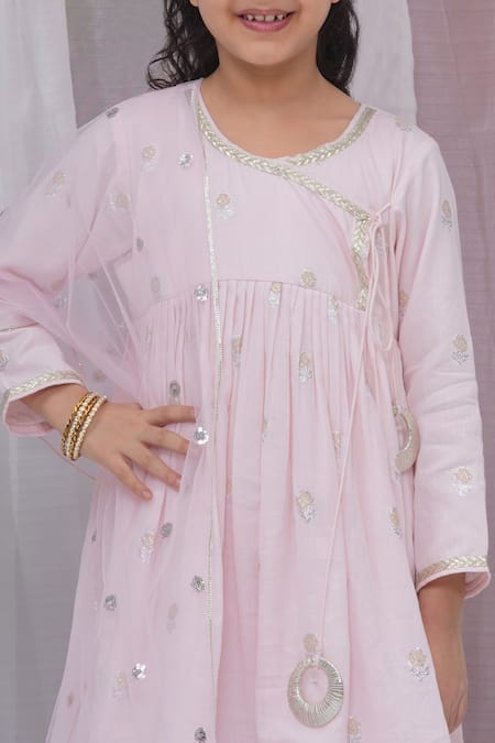 Buy_Little Bansi_Pink Cotton Zari Embroidered Angarkha Set _Online_at_Aza_Fashions