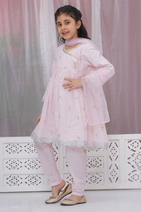 Little Bansi_Pink Cotton Zari Embroidered Angarkha Set _at_Aza_Fashions