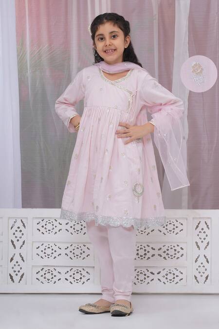 Buy_Little Bansi_Pink Cotton Zari Embroidered Angarkha Set 