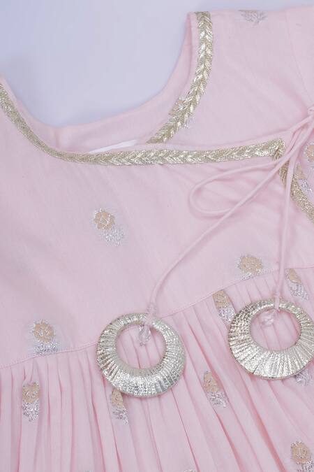 Shop_Little Bansi_Pink Cotton Zari Embroidered Angarkha Set 