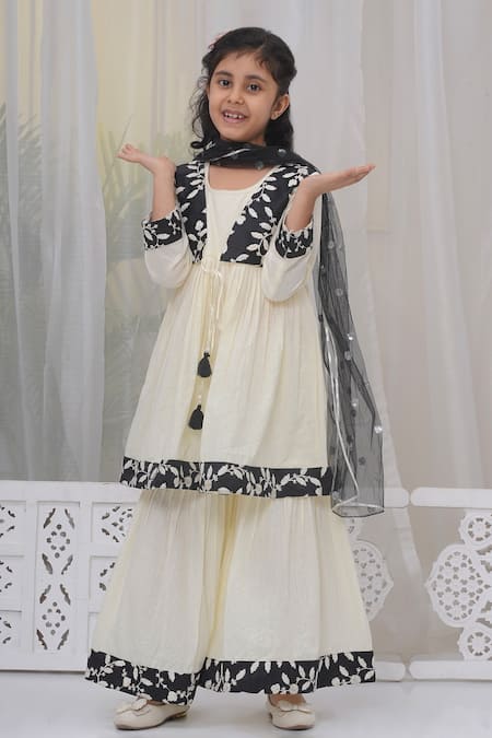 Shop_Little Bansi_Cream Cotton Embroidery Floral Kurta Sharara Set_Online_at_Aza_Fashions