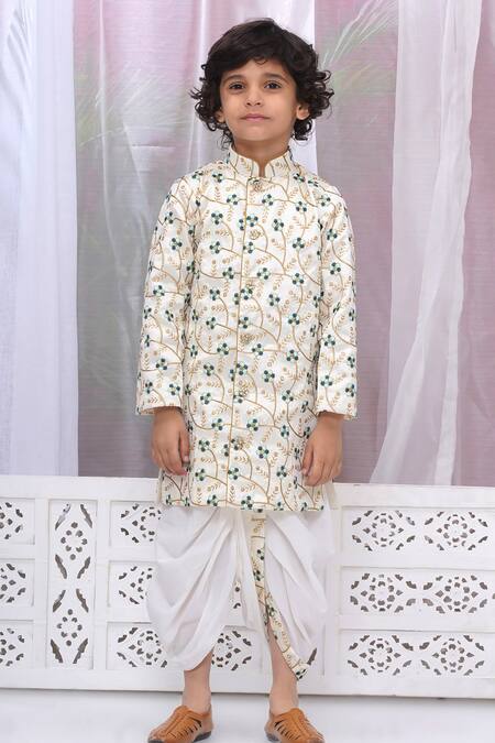 Shop Little Bansi Cream Silk, Cotton Embroidery Floral Woven Sherwani And Dhoti Pant Online at Aza Fashions Shop_Little Bansi_Cream Silk, Cotton Embroidery Floral Woven Sherwani And Dhoti Pant _Online_at_Aza_Fashions