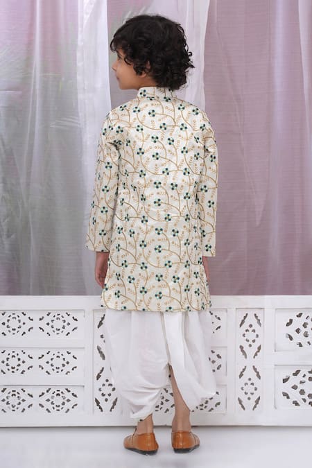 Shop Little Bansi Cream Silk, Cotton Embroidery Floral Woven Sherwani And Dhoti Pant at Aza Fashions Shop_Little Bansi_Cream Silk, Cotton Embroidery Floral Woven Sherwani And Dhoti Pant _at_Aza_Fashions