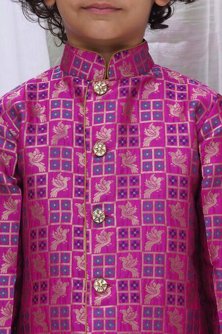 Little Bansi Magenta Cotton, Silk Embroidery Bird Woven Sherwani Set Online at Aza Fashions Little Bansi_Magenta Cotton, Silk Embroidery Bird Woven Sherwani Set _Online_at_Aza_Fashions