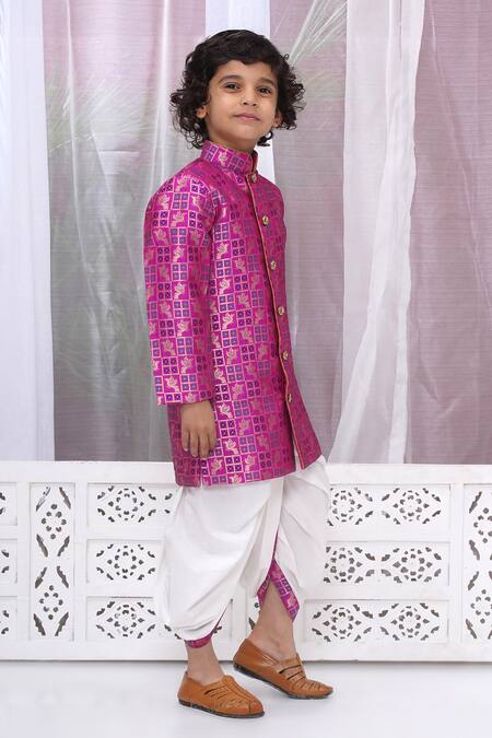 Buy Little Bansi Magenta Cotton, Silk Embroidery Bird Woven Sherwani Set Online at Aza Fashions Buy_Little Bansi_Magenta Cotton, Silk Embroidery Bird Woven Sherwani Set _Online_at_Aza_Fashions