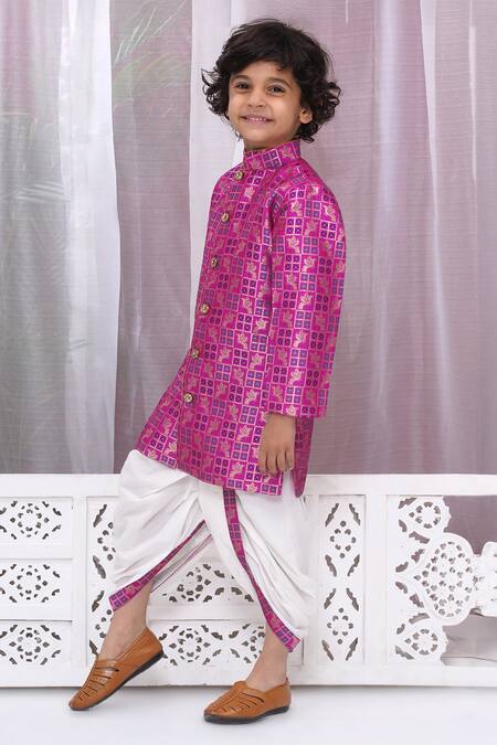 Shop Little Bansi Magenta Cotton, Silk Embroidery Bird Woven Sherwani Set Online at Aza Fashions Shop_Little Bansi_Magenta Cotton, Silk Embroidery Bird Woven Sherwani Set _Online_at_Aza_Fashions
