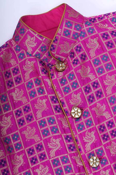 Little Bansi Magenta Cotton, Silk Embroidery Bird Woven Sherwani Set at Aza Fashions Little Bansi_Magenta Cotton, Silk Embroidery Bird Woven Sherwani Set _at_Aza_Fashions