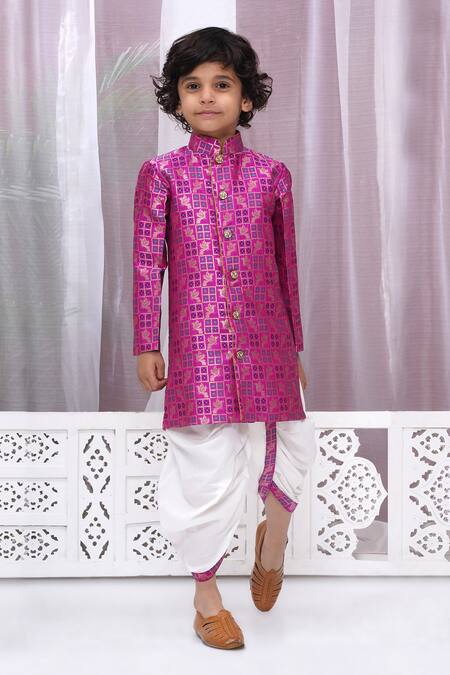 Buy Little Bansi Magenta Cotton, Silk Embroidery Bird Woven Sherwani Set Buy_Little Bansi_Magenta Cotton, Silk Embroidery Bird Woven Sherwani Set