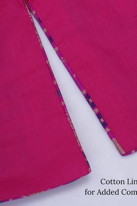 Shop Little Bansi Magenta Cotton, Silk Embroidery Bird Woven Sherwani Set Shop_Little Bansi_Magenta Cotton, Silk Embroidery Bird Woven Sherwani Set