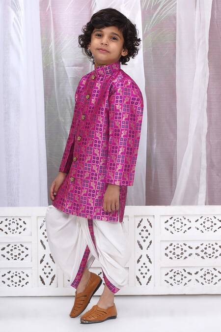 Little Bansi Magenta Cotton, Silk Embroidery Bird Woven Sherwani Set  9