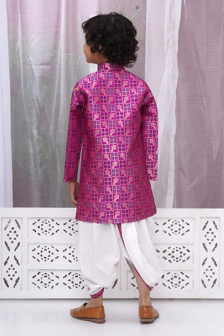 Shop Little Bansi Magenta Cotton, Silk Embroidery Bird Woven Sherwani Set at Aza Fashions Shop_Little Bansi_Magenta Cotton, Silk Embroidery Bird Woven Sherwani Set _at_Aza_Fashions