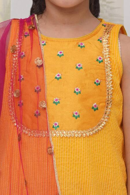 Little Bansi Yellow Cotton Sequins, Embroidery Floral Kurta Set at Aza Fashions Little Bansi_Yellow Cotton Sequins, Embroidery Floral Kurta Set _at_Aza_Fashions