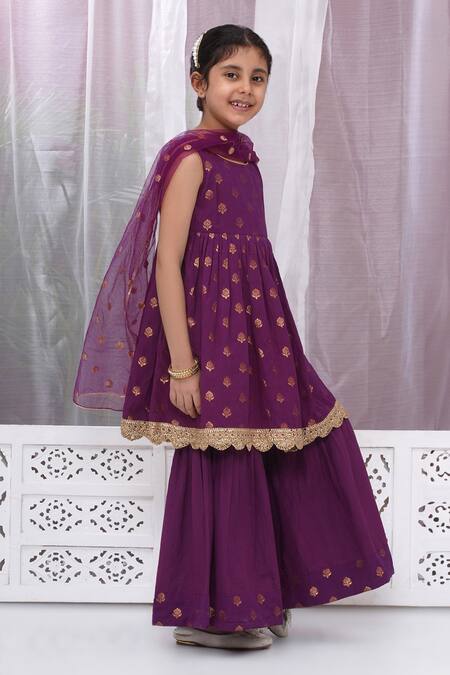 Buy_Little Bansi_Purple Cotton Embroidery Floral Woven Kurta Sharara Set _Online_at_Aza_Fashions