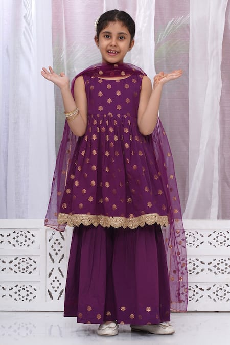 Little Bansi_Purple Cotton Embroidery Floral Woven Kurta Sharara Set _at_Aza_Fashions