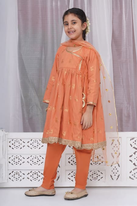 Little Bansi_Orange Cotton Embroidery Reindeer Woven Angarkha Set_Online_at_Aza_Fashions