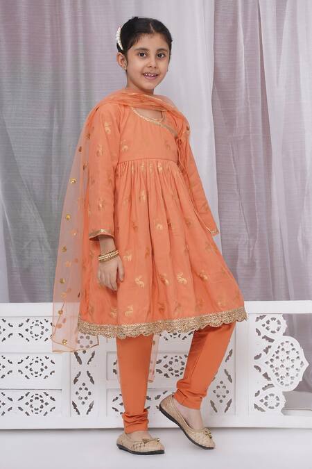 Buy_Little Bansi_Orange Cotton Embroidery Reindeer Woven Angarkha Set_Online_at_Aza_Fashions