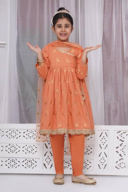 Little Bansi_Orange Cotton Embroidery Reindeer Woven Angarkha Set_at_Aza_Fashions